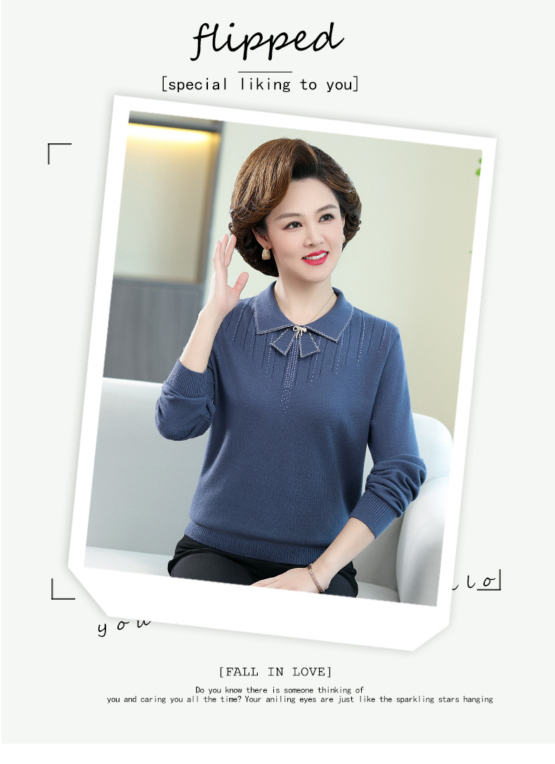 New autumn collection for middle-aged and elderly mothers: Solid color loose knitted pullover sweater with a baby collar for women. 2023 casual mom wear pic 15