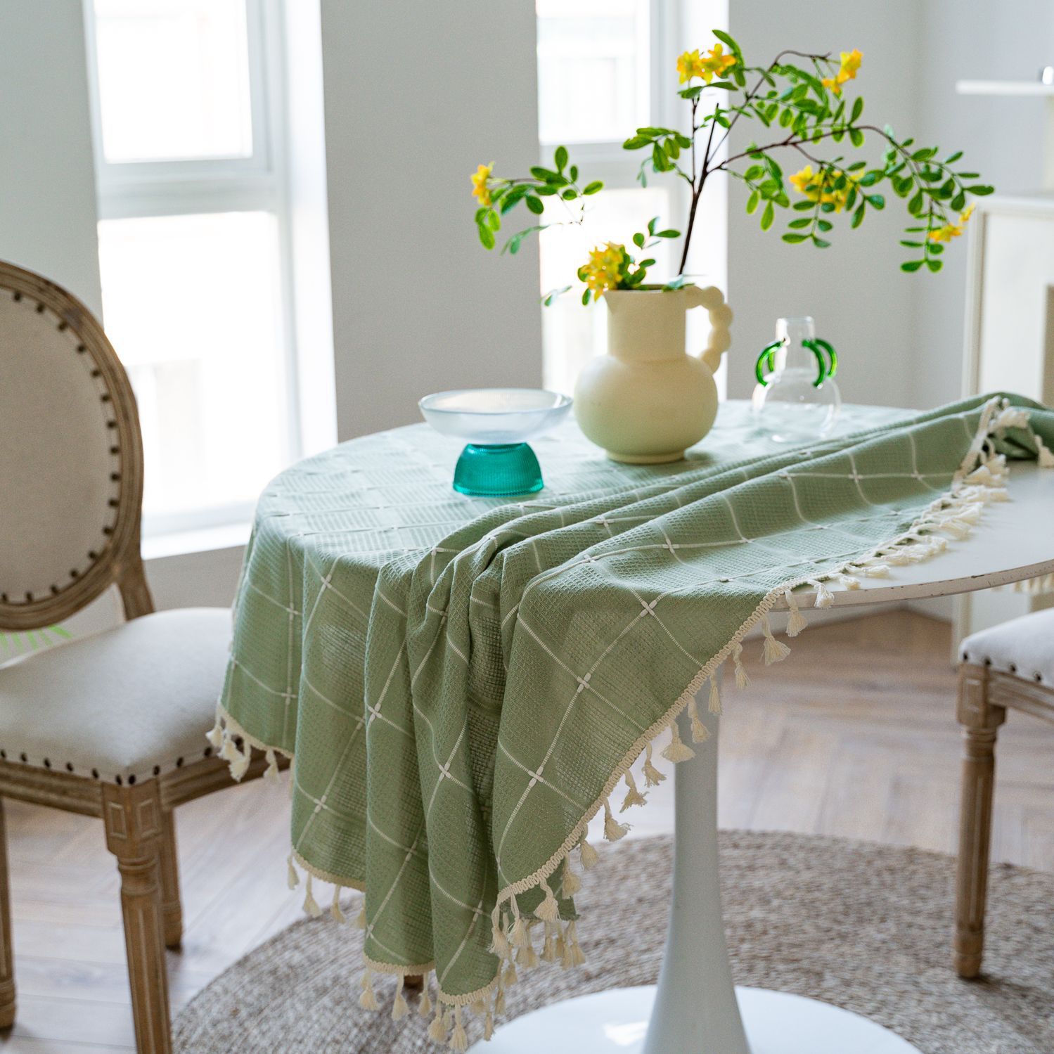 Cross-border TEMU Xiyin round table cloth, Japanese cream white tassel tablecloth, table cloth, cover cloth, Amazon factory wholesale pic 9