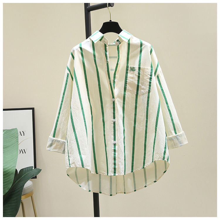棉2024春秋新款韩版小清新百搭开衫条纹印花单口袋宽松长袖衬衫女详情10