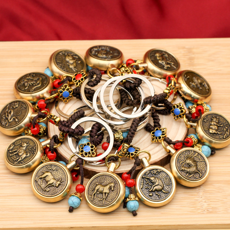 黄铜复古蓝珠绳中式生肖旋转创意钥匙扣配件小礼品小汽车挂件批发详情1