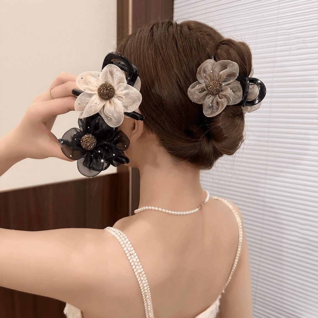 2025 New Sparkling diamond flower hair clip, feminine charm, shark clip at the back of the head, Korean-style mesh sunflower grab clip hair accessory pic 1
