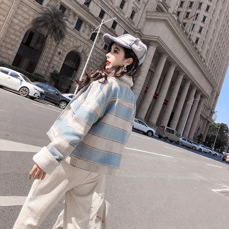 New loose checkered thickened windbreaker, short and versatile woolen coat for petite people pic 19