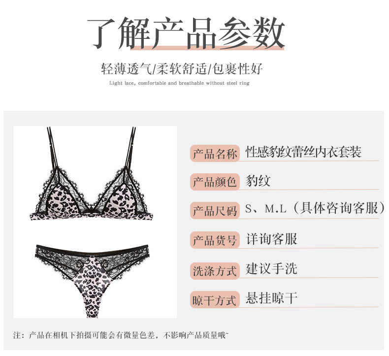 Lace leopard print underwear set, small cup temptation, see-through bikini bra, European and American style leopard print underwear pic 2