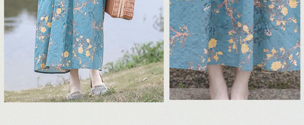 2024夏季新款中年妈妈复古文艺印花棉麻收腰连衣裙宽松大摆长裙女详情9