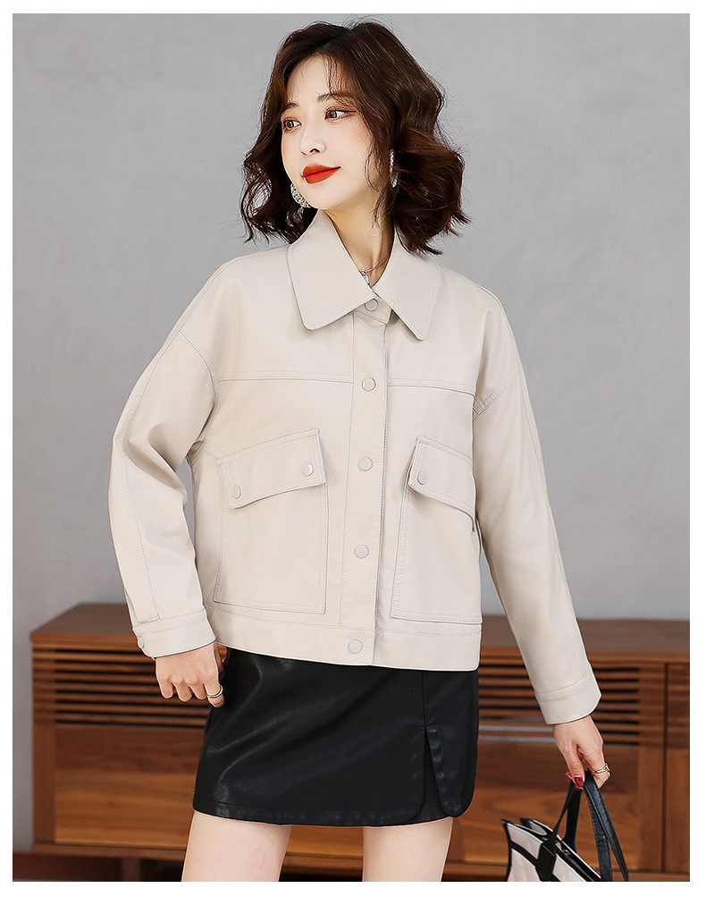 2022春秋装新款女式PU皮衣时尚翻领单排扣小个子帅气机车服短外套详情7