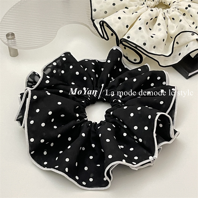 Double-layer white large polka dot large intestine hair band, elegant retro edge hair tie, French simple and elegant hair flower hair tie pic 17