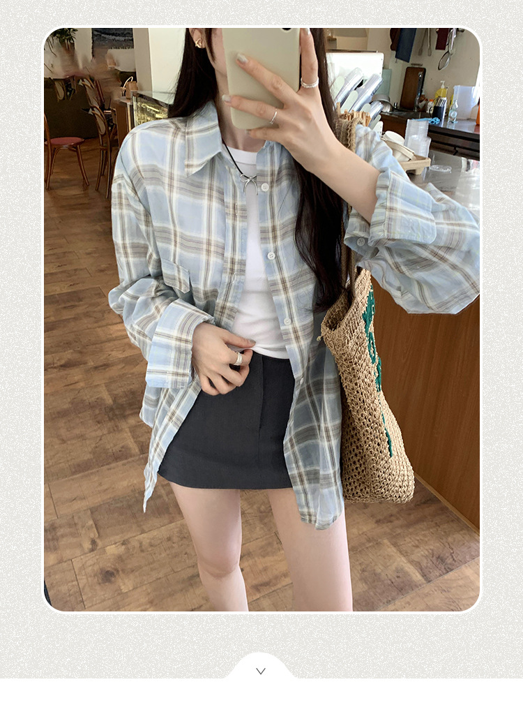 法式设计感小衫蓝色格子防晒衬衫女2024秋季新款女装小清新bm上衣详情4