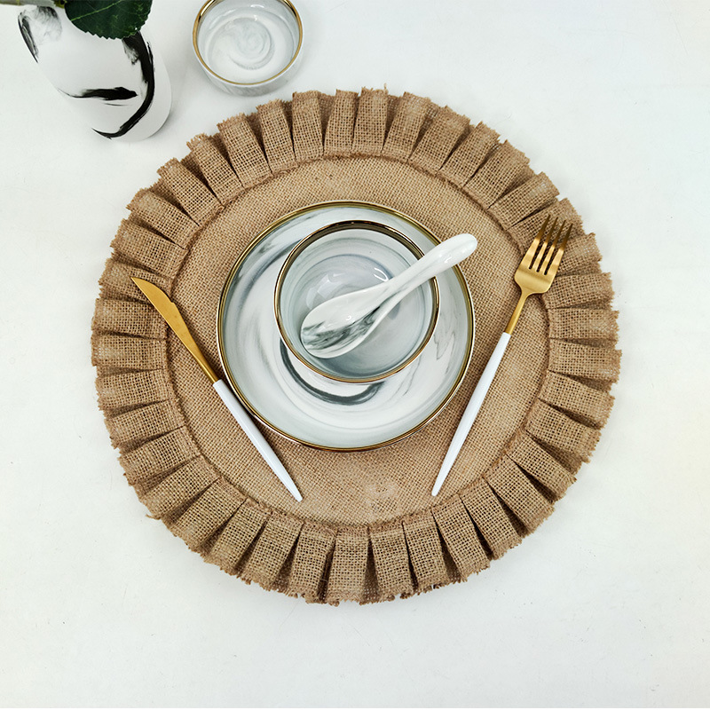 Ma Yi Ju Factory directly supplies Christmas retro jute tablecloths, natural original color pleated lace, heat-insulating household Nordic-style tablecloths, waterproof and oil-proof pvc material pic 1