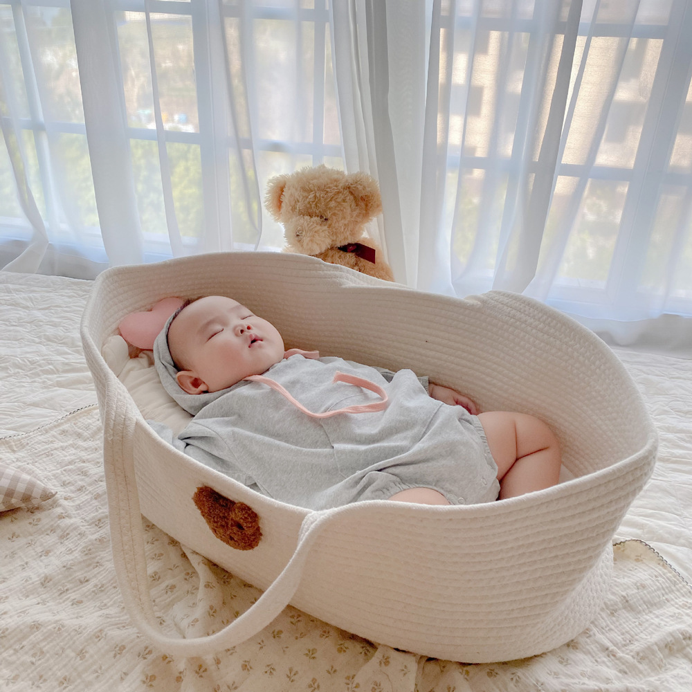 Portable pure cotton woven baby sleeping basket, portable baby crib for going out pic 45