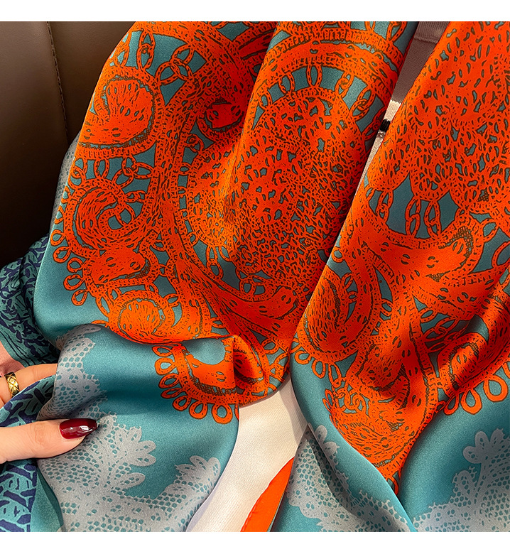 A classic blue and orange large flower 110 faux silk scarf with a large square scarf and a shawl on the outside. A girl gives it to her mother pic 35