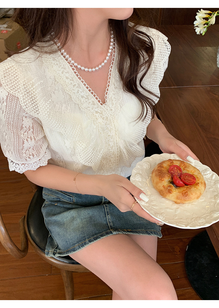 现货2024夏季新款韩版百搭短袖蕾丝衫女上衣夏详情7