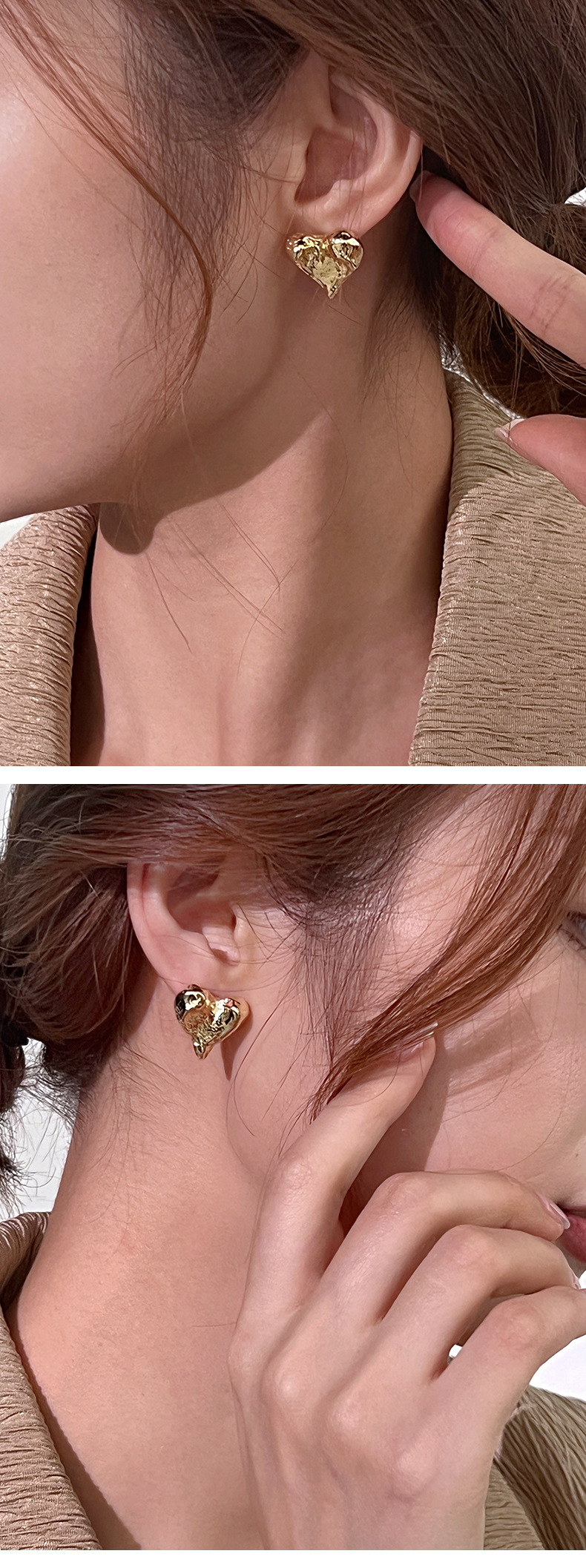 Ins-style personalized metal texture heart-shaped alloy stud earrings, simple and niche design, heart-shaped fashionable earrings and earrings pic 7