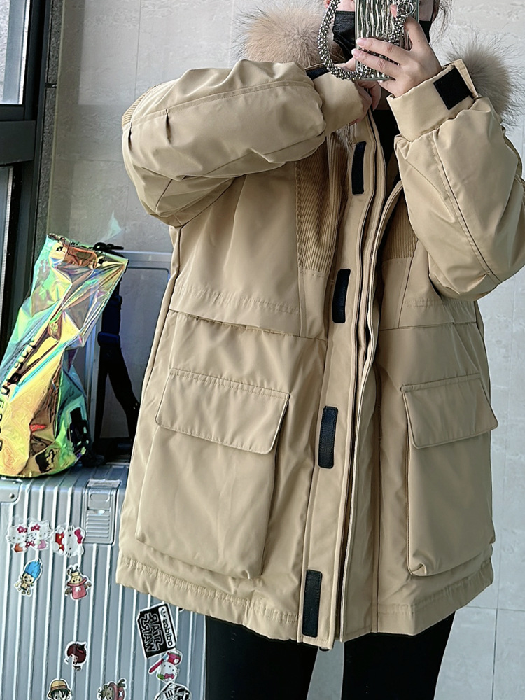 High-quality American retro outdoor workwear for couples, thickened white duck down, detachable genuine fur collar Parker down jacket pic 7