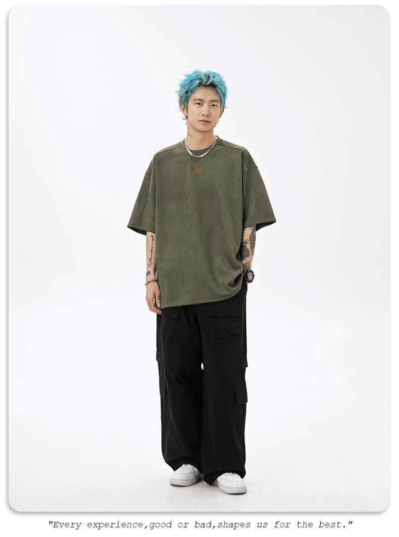 韩路男装 麂皮绒美式圆领T恤男女款夏季宽松质感刺绣潮牌短袖体恤详情19