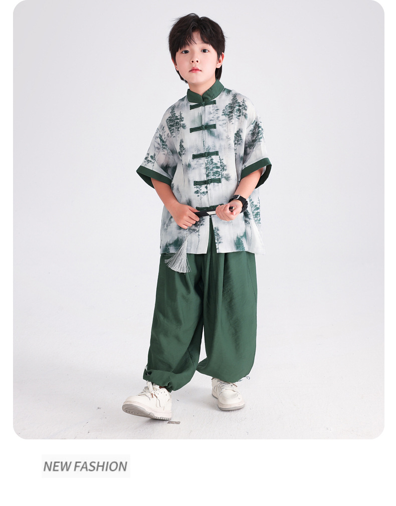 国潮男童夏季日常可穿汉服短袖套装2025新款小学生儿童古装演出服唐装详情9