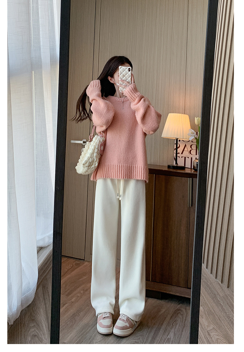 秋冬新款欧棉绒阔腿裤女高腰显瘦宽松抽绳百搭直筒垂感口袋休闲裤详情17