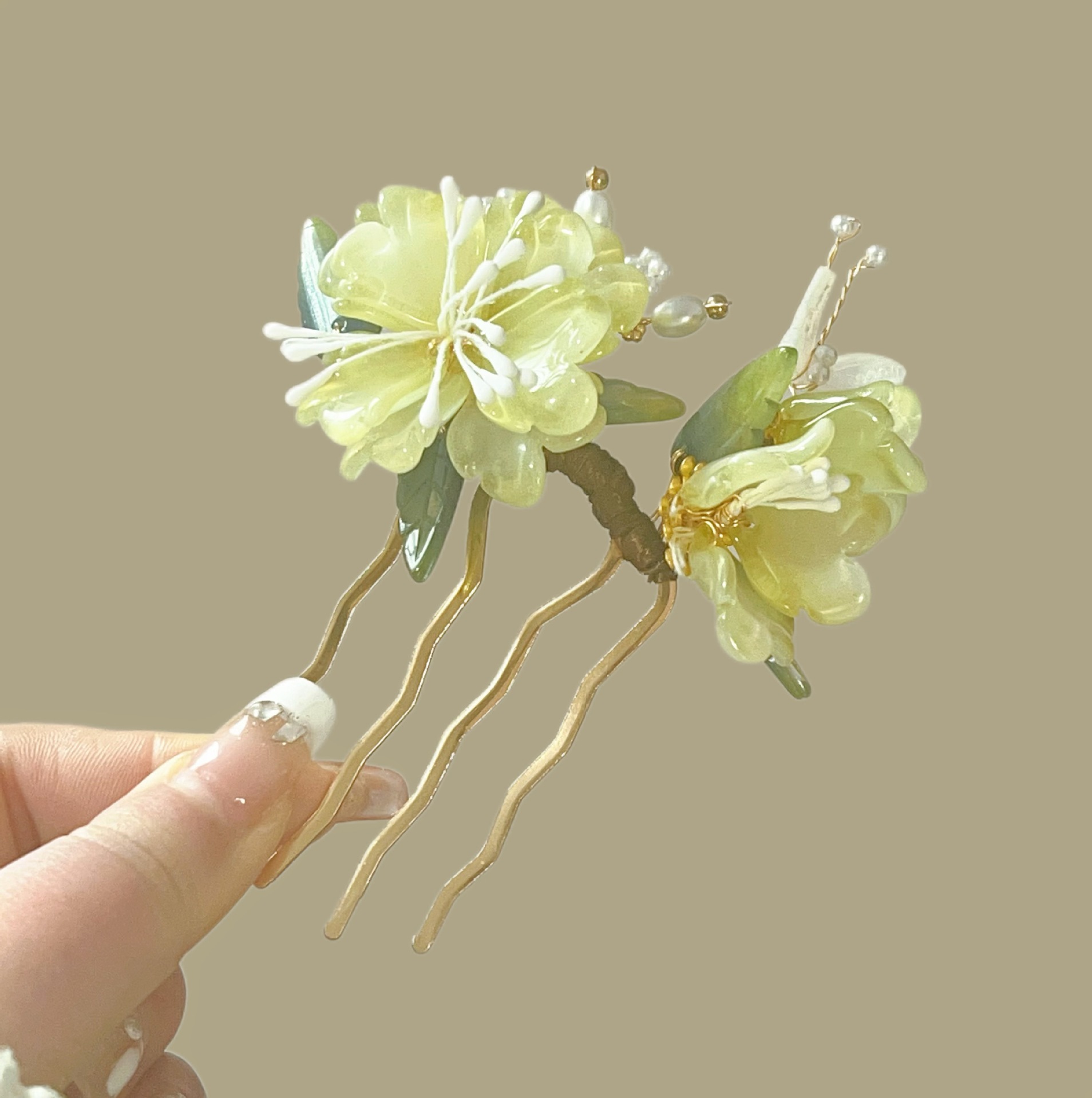 国潮国风古风绿色芍药发梳新中式缠花发饰头饰头花女汉服配饰插梳秀禾梳子详情6