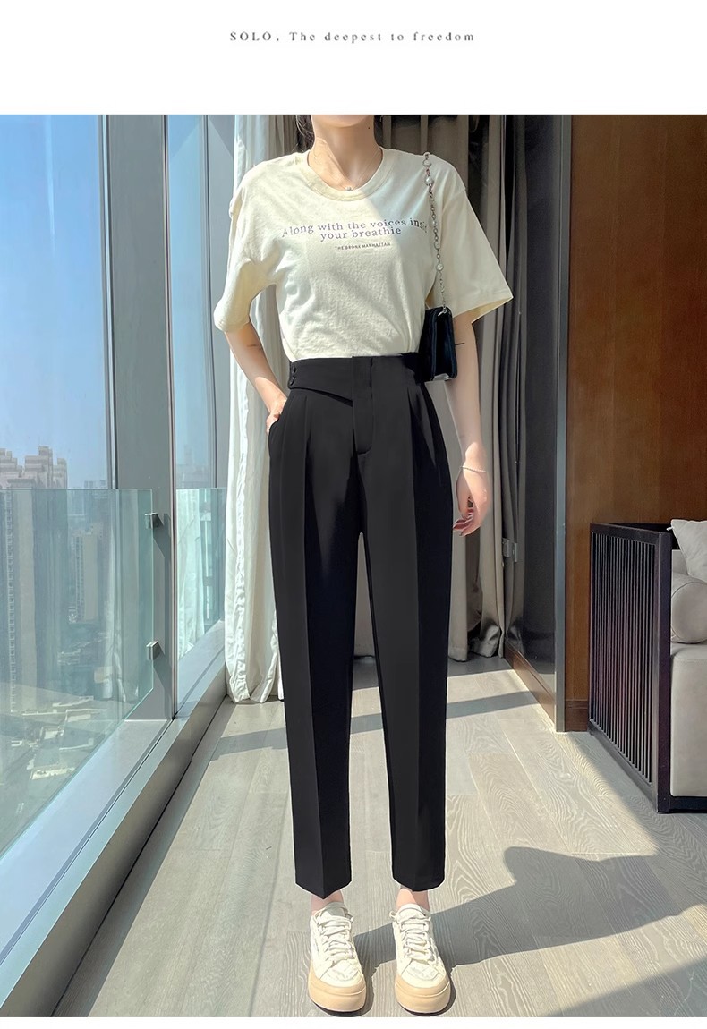 包边好质量双纽扣设计高品质哈伦裤冰丝西装裤女九分烟管裤休闲裤详情29