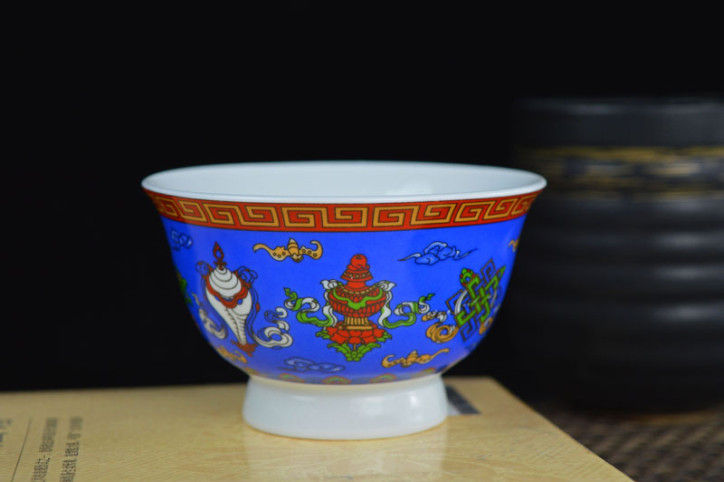 厂家供应3.6寸双龙八吉祥藏式陶瓷碗特色民族碗酥油茶碗 仿古贡碗详情9