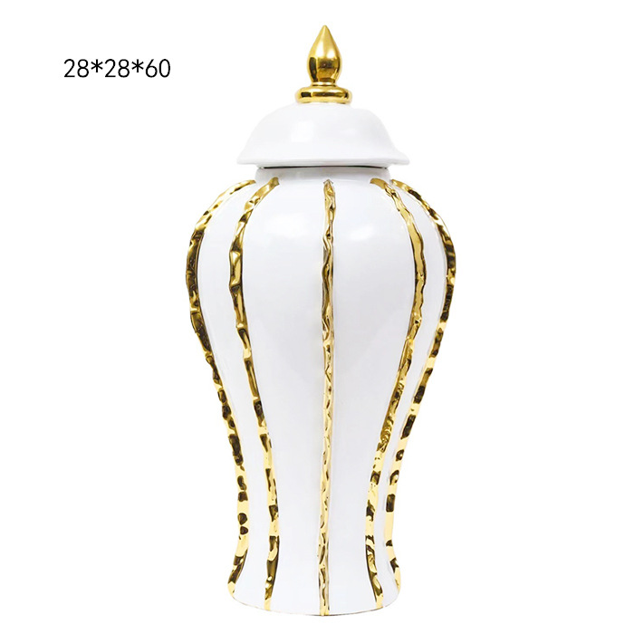 European-style light luxury electroplated ceramic striped general jar, open large vase, model room, living room, hotel entrance decoration pic 3