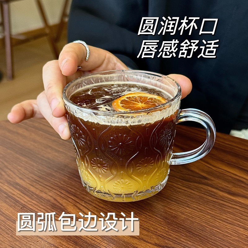 ins玻璃杯带把手家用早餐杯网红浮雕水杯高颜值咖啡杯伴手礼杯子详情14