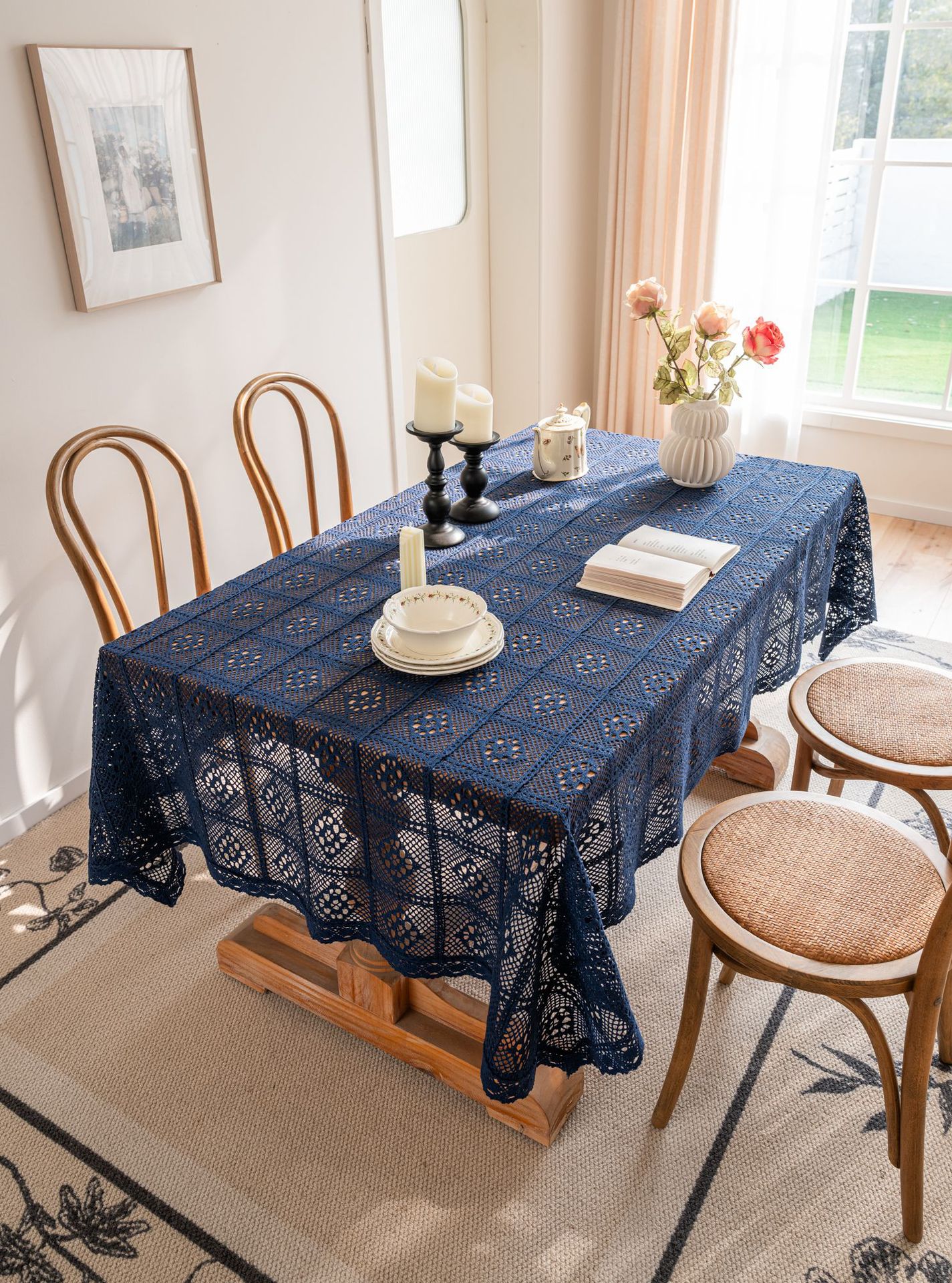 Cross-border hollowed-out hidden deep blue tablecloth, retro crochet photo art book, personalized cotton thread woven tablecloth cover pic 15