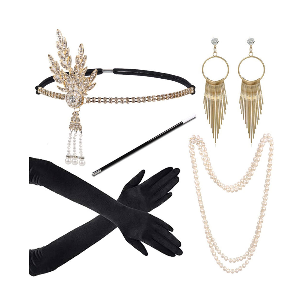 Gatsby Party Feather alloy headband, pearl necklace, cigarette stick glove set, retro Hepburn outfit accessories pic 16