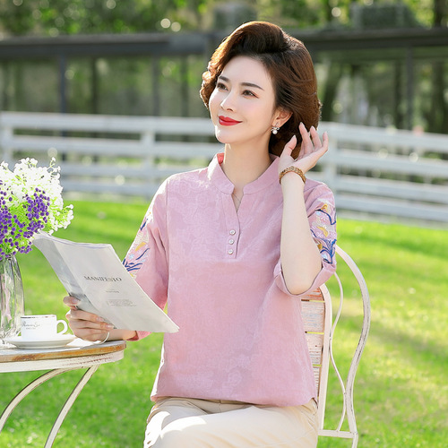 妈妈夏装针织短袖T恤衫中年妇女纯色上衣中老年人洋气翻领打底衫详情8