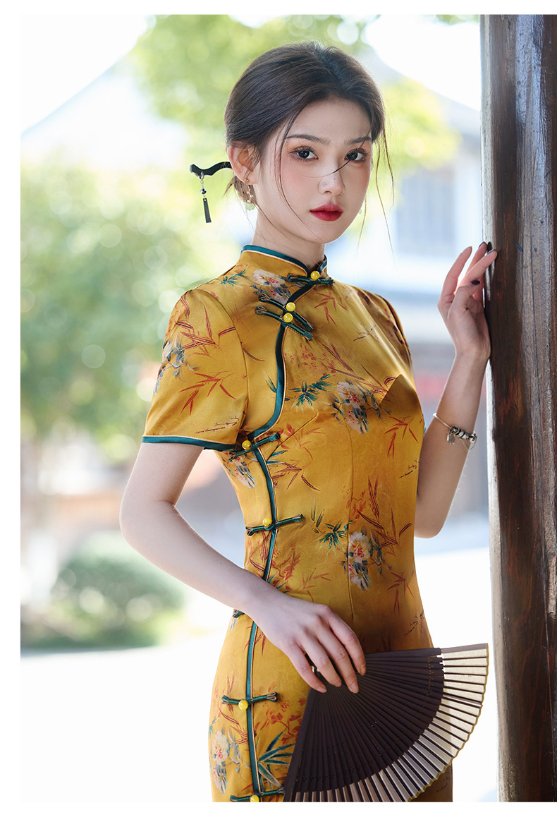 国潮春夏黄色醋酸双层长款优雅复古改良民国风气质修身名媛旗袍裙详情13