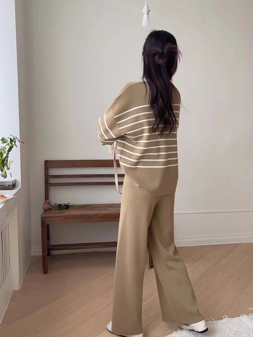 A two-piece Korean-style loose striped knitted top and casual high-waisted, sagging knitted wide-leg pants pic 23