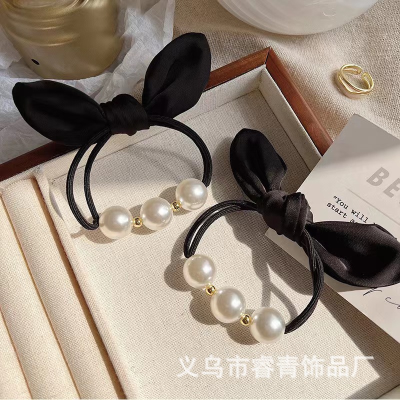 2023新款珍珠兔耳束发绳法式复古高弹力橡皮筋耐用扎头发头饰批发详情2