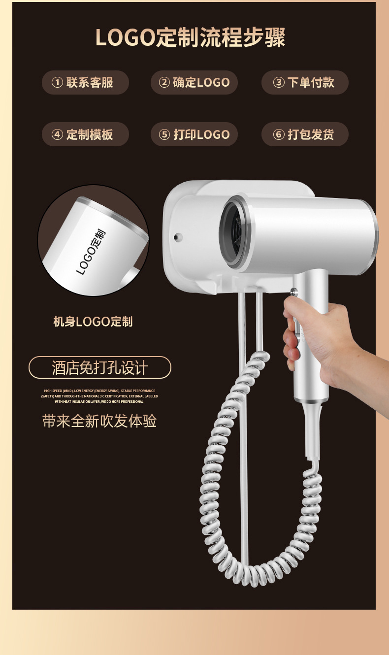 酒店壁挂式宾馆吹风机大功率电吹风民宿挂壁吹风筒免打孔厂家直销详情4