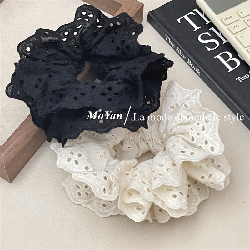 French retro atmosphere lace large intestine hair tie, popular embroidery with hollowed-out patterns and ruffled edges, hair accessory and hair band pic 13