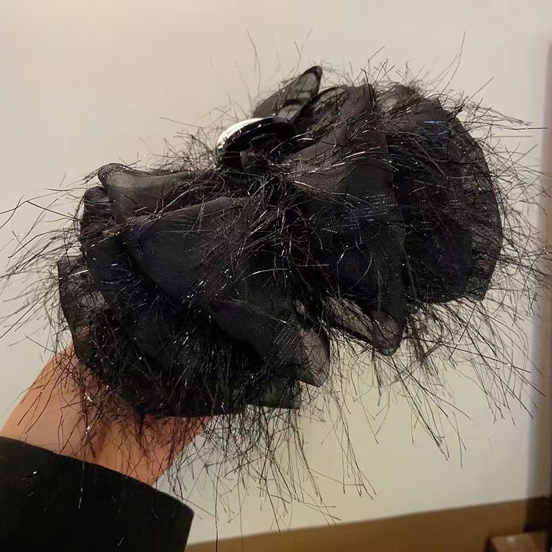 流苏网纱蝴蝶结发夹女脑勺大号羽毛抓夹高级感鲨鱼夹子显发量头饰详情5
