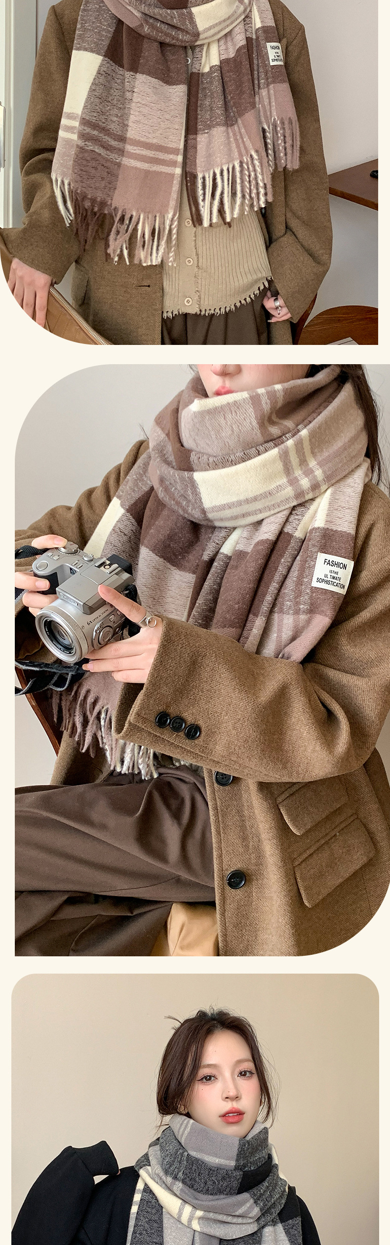 Wholesale of new autumn/Winter 2024 faux cashmere scarves for women, thick and warm outerwear with shawls, and simple student checkered scarves pic 13