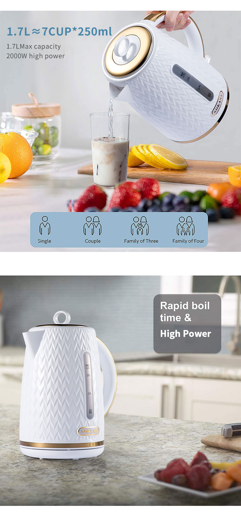 Cross-border SOKANY1044 water kettle for quick water boiling, heat preservation and rapid heating. It is a high-end white water kettle pic 6