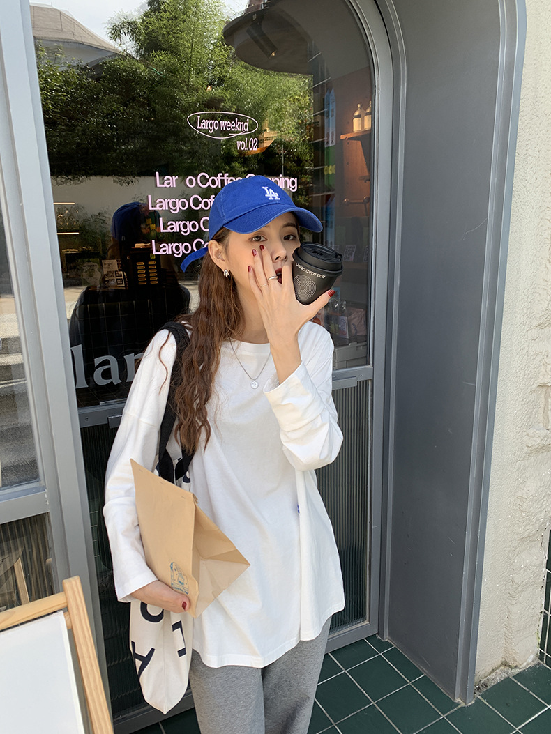 黄峥简约贴标开叉长袖T恤女2022春韩版宽松休闲设计感上衣T85396详情28