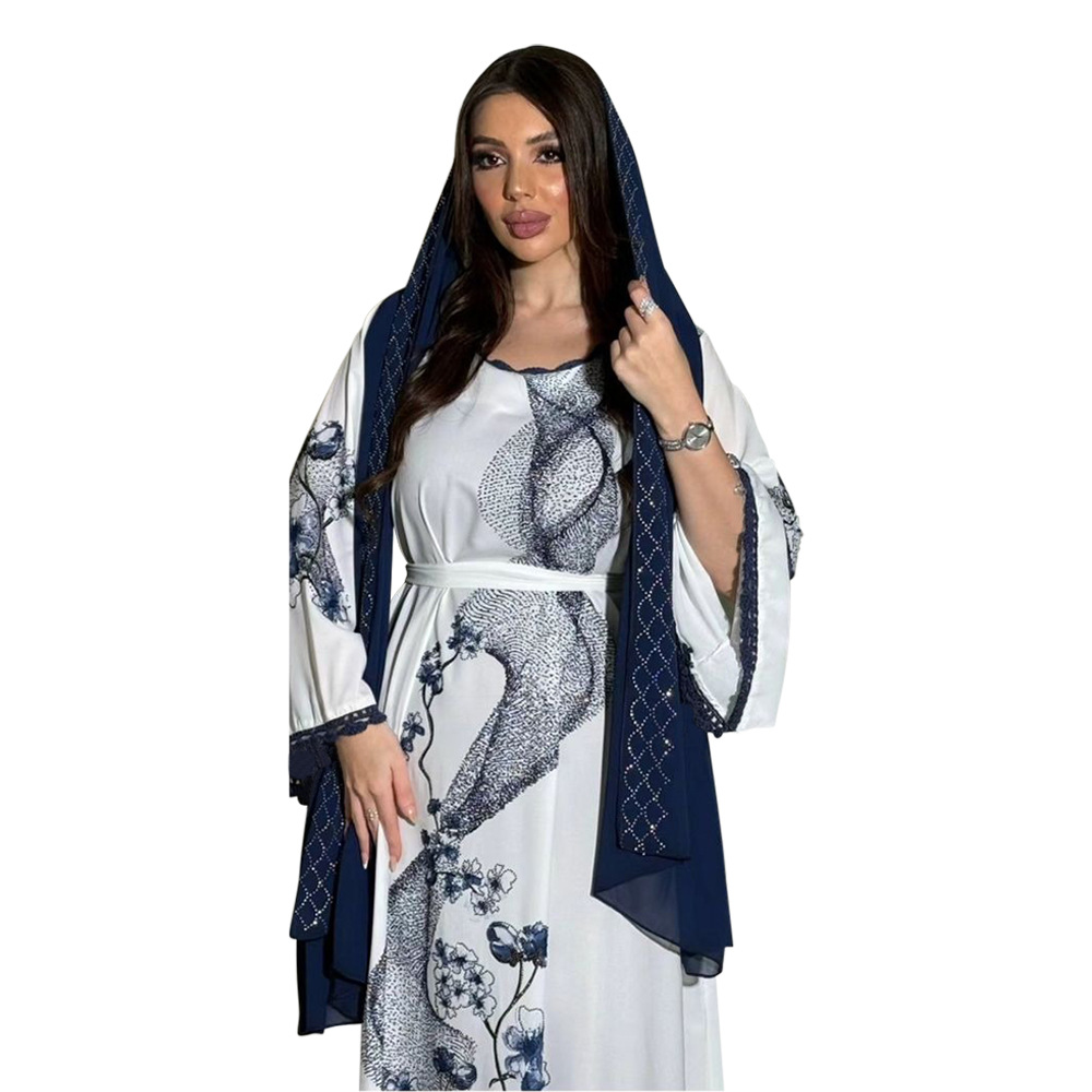 XQY500263 Cross-border Middle East Muslim Robe Dubai Arab printed Robe Dress with belt pic 10
