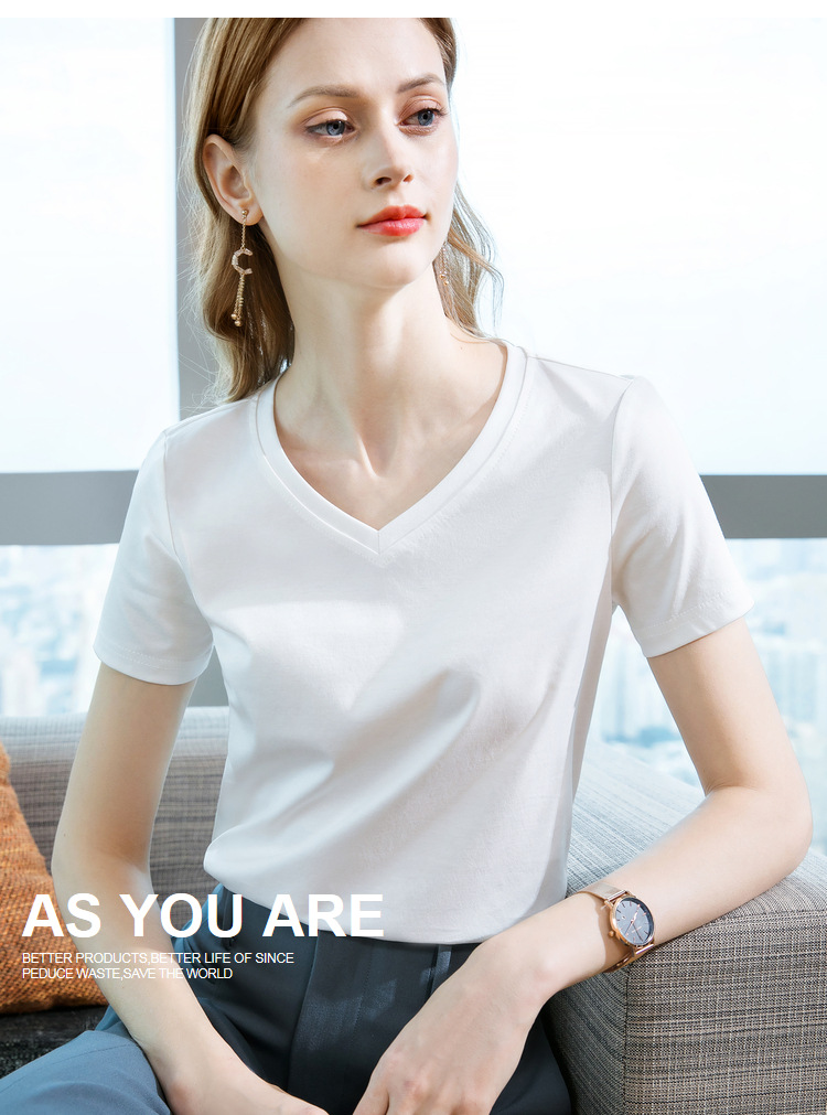 冰感丝光棉短袖t恤女2024新款女装气质v领纯棉体恤纯色高级感上衣详情17