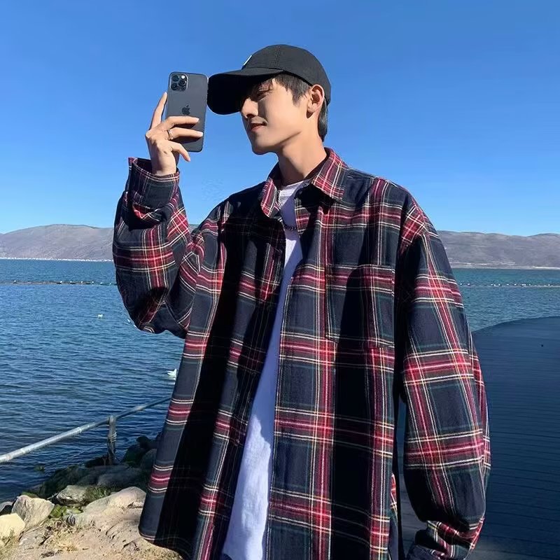 美式春秋季日系长袖格子衬衫男士韩版潮流ins网红休闲款衬衣外套详情21