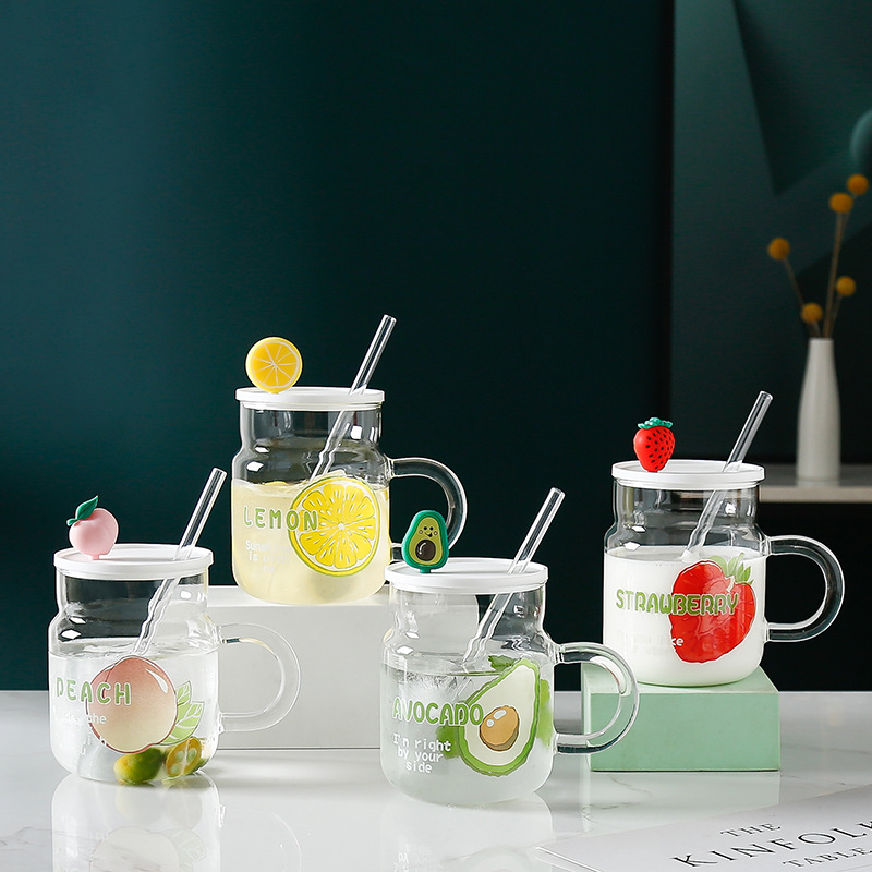 Creative large-capacity fruit glass water cup, cute in summer, high appearance level, covered straw, home drinking cup pic 2
