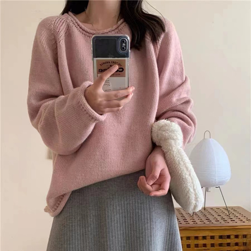 Korean-style puffed solid color pullover sweater for women, gentle and loose knitted top, versatile, laid-back style, fashionable and soft sweater pic 2