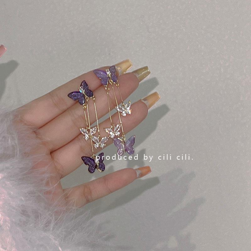 开春啦!超仙紫色蝴蝶长款流苏耳饰耳钉耳环浪漫温柔无耳洞耳夹详情1