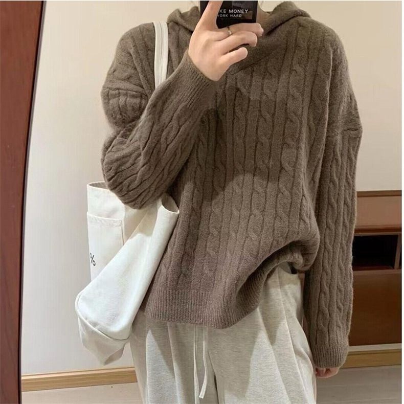 Hooded braided Korean-style laid-back sweater for women 2023 autumn/Winter new casual and versatile loose knitted pullover for women pic 9