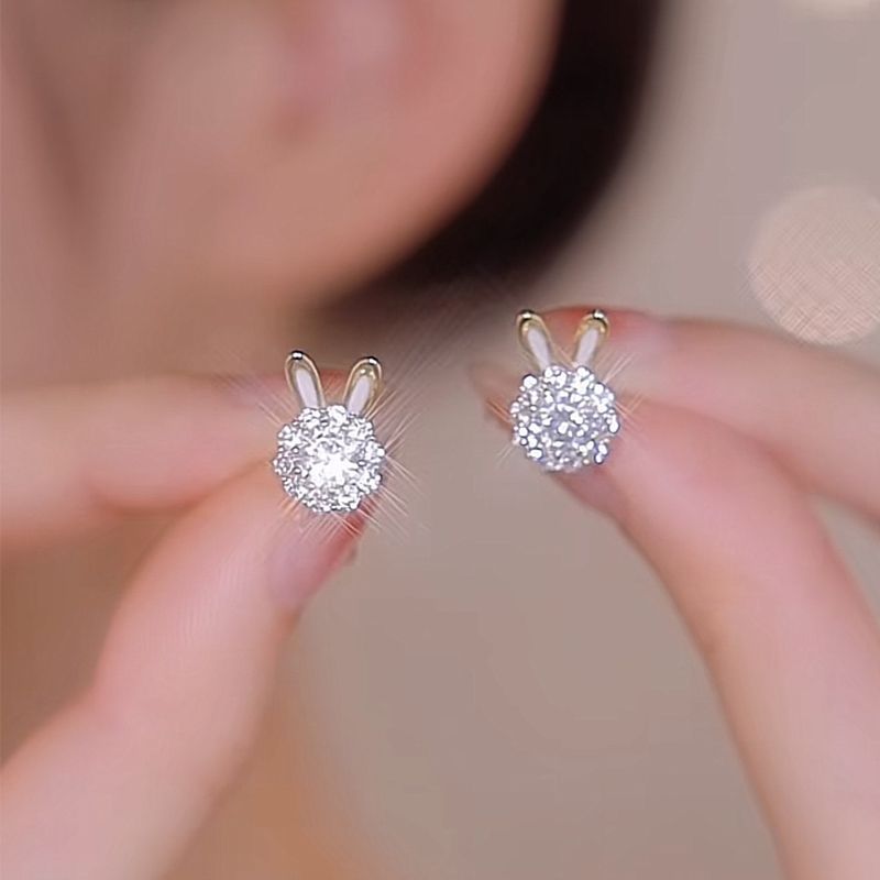 可旋转金色满钻兔子耳钉耳环女生肖兔可爱小动物网红百搭耳饰批发详情2