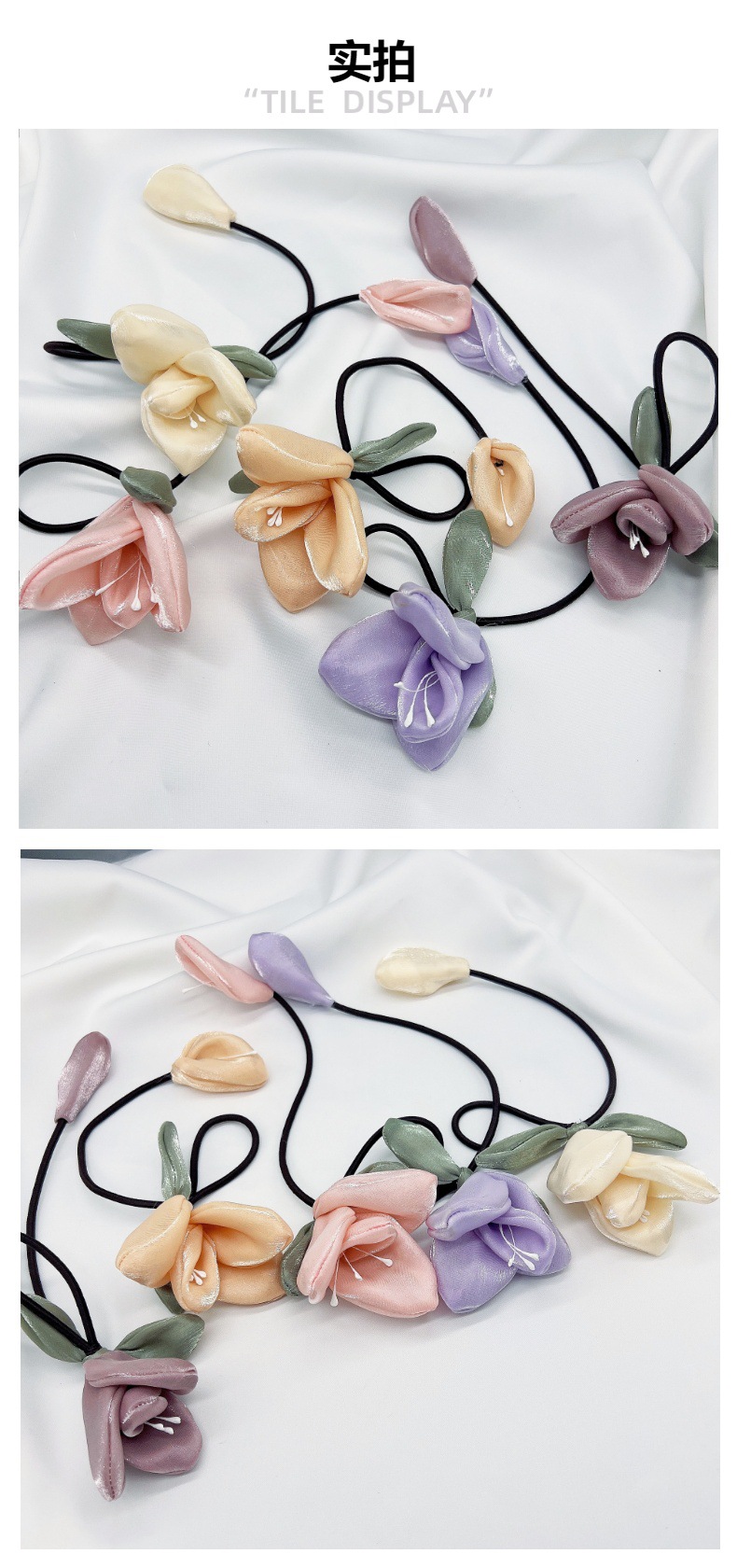 Super fairy-like Korean-style tulip hair tie, bright silk screen, diy bow, rubber band, niche three-dimensional flower headwear accessory pic 8