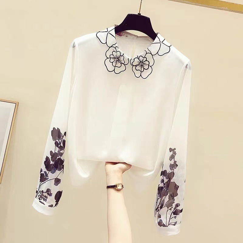 2023 Spring and Autumn New Hong Kong-style retro printed color-blocking long-sleeved chiffon shirt, a unique design for women pic 1