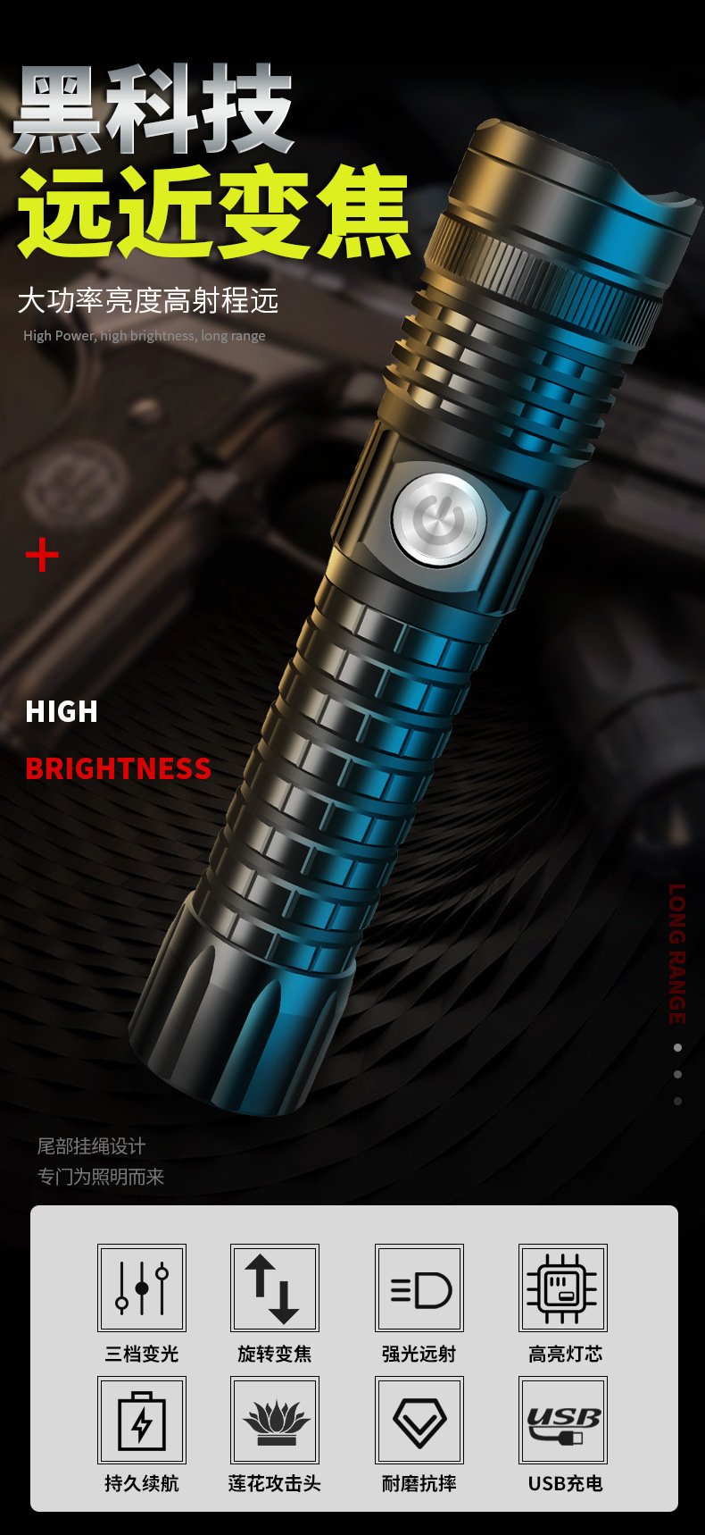 跨境P70铝合金手电筒强光充电户外超亮远射迷你便携灯超长续航详情1