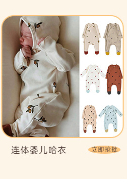 Pure cotton baby crawling clothes for boys and girls, spring and autumn printed side-opening long-sleeved one-piece triangular pouch for newborns pic 5