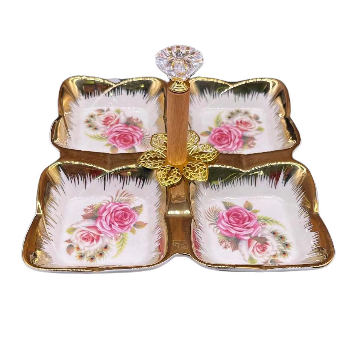 A pure white petal-shaped fruit platter with electroplated gold and multiple compartments, a hand-held restaurant banquet food platter pic 28